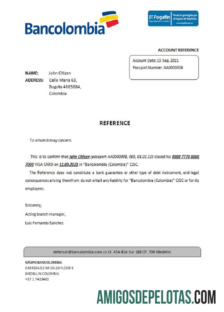 Referência de fechamento do Bancolombia Colômbia exemplo